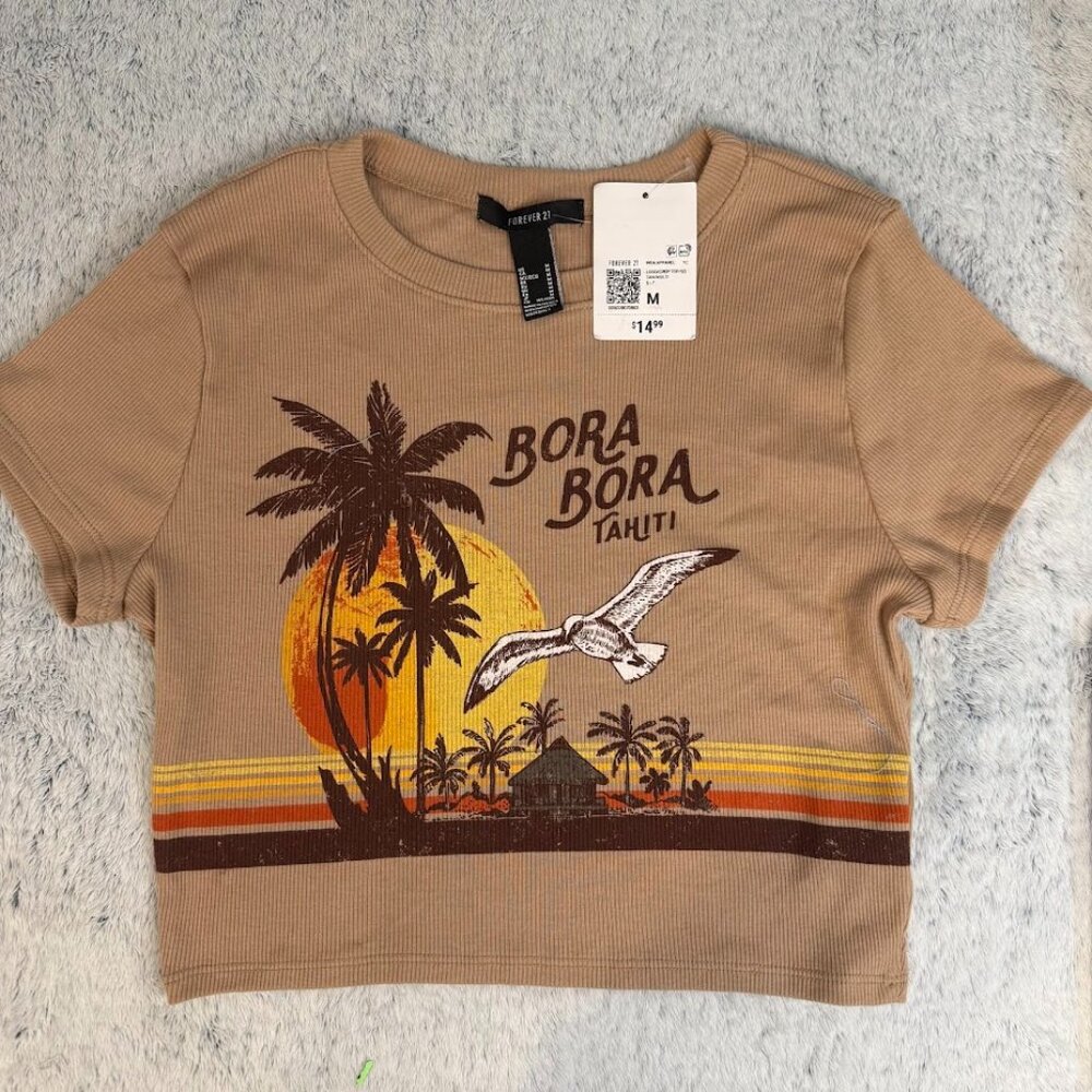 Forever 21 Bora Bora Tahiti Crop Top Size M Light Brown/Tan NWT